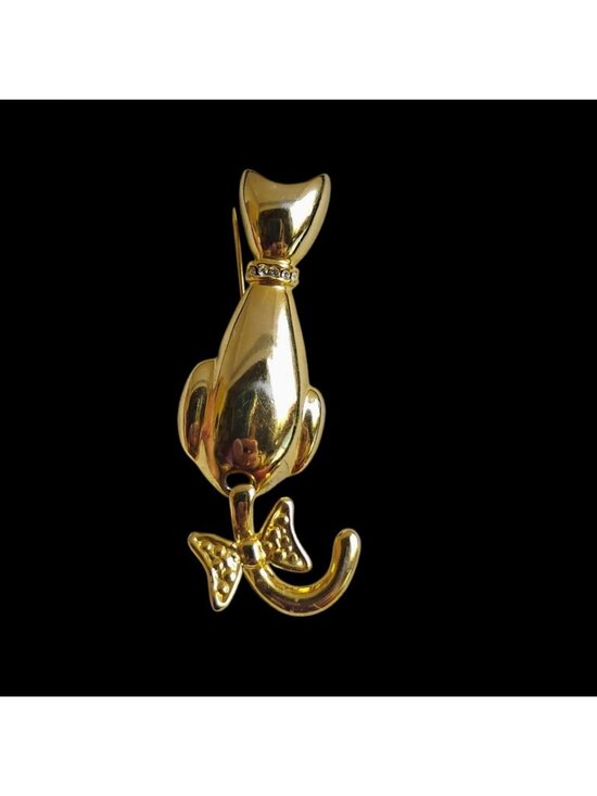 None Jewelry - BooBoo Kitty Cat Gold Tone Rhinestone Cat Brooch Swinging Articulated Tail 2.5"
